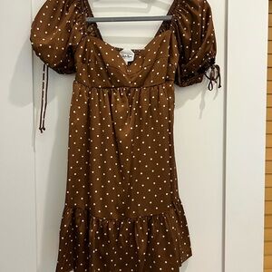 Brown Polka Dot Dress with Puff Sleeves